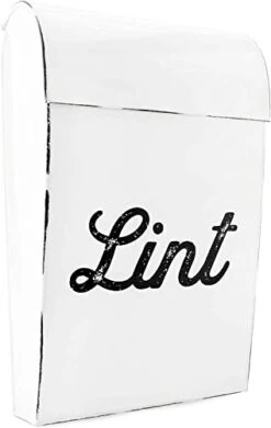 AuldHome Farmhouse Enamelware Lint Holder Bin; Distressed White Laundry Room Decor
