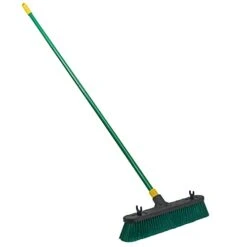 Quickie Bulldozer Multi-Surface Push Broom 18 Inch, Green, Steel Handle With Swivel Hang-up Feature, Indoor And Outdoor Cleaning, Sweep Sidewalks/Warehouses, Dirt, Debris