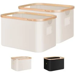 DAKCOS 2 Pack Foldable Laundry Basket Laundry Hamper With Handles Bamboo Rim Collapsible Fabric Storage Basket For Storage Clothes,Toys,etc. 32L,Beige