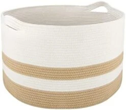 Hombins Large Blanket Basket Natural Cotton Rope Storage Basket, 20"X20''X13'' Woven Laundry Basket With Handles Baskets For Storing Clothing, Diapers, Toys, Blue&White -Household Cleaning Supply Store 31XQyB5ZmeL. AC