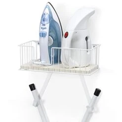 YBING Ironing Board Hanger Wall Mount For Y Leg Ironing Board Holder With Shelf And Wooden Base Basket Iron Holder Rack With Hooks For Home Laundry Room White