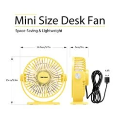 TriPole Small Desk Fan USB Powered Portable Fan Strong Airflow 3 Speeds Mini Fan 360°Rotation Personal Fan 5.1 Inch Table Fan For Home Office Bedroom Desktop, Yellow, 4.9ft Cable