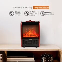Comfort Zone CZFP1 600/1,200-Watt Mini Fireplace Heater With Realistic 3D Flame, Stay-Cool Body, Carry Handle, Overheat Sensor, And Safety Tip-Over Switch, Red