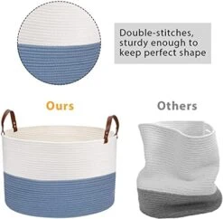 Hombins Large Blanket Basket Natural Cotton Rope Storage Basket, 20"X20''X13'' Woven Laundry Basket With Handles Baskets For Storing Clothing, Diapers, Toys, Blue&White -Household Cleaning Supply Store 4119dBFhm2L