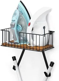 YBING Ironing Board Hanger Wall Mount For Y Leg Ironing Board Holder With Shelf And Wooden Base Basket Iron Holder Rack With Hooks For Home Laundry Room White -Household Cleaning Supply Store 412a24 w0jL. AC