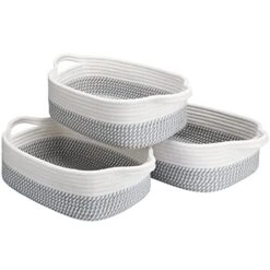 LOVSTORAGE Cotton Rope Basket For Storage, Set Of 3 Storage Baskets For Organizing With Handles Woven Laundry Basket In Living Laundry Room For Blankets Toys Throws Pillows Towels 15"x10"x5" White/Grey