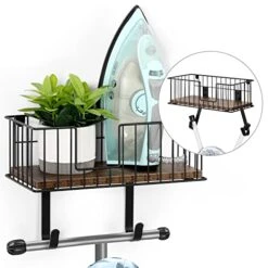 Ironing Board Wall Mount Ironing Board Hanger Ironing Board Holder With Large Storage Basket Laundry Room Storage Rack With Wooden Base, Rustic Brown