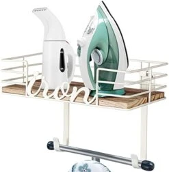 TJ.MOREE Ironing Board Hanger Wall Mount - Laundry Room Iron And Ironing Board Holder, Metal Wall Mount With Large Storage Wooden Base Basket And Removable Hooks (White) -Household Cleaning Supply Store 416tTDNxd L. AC