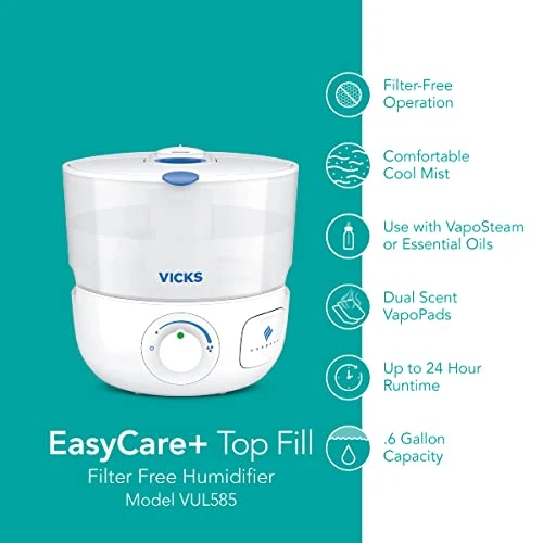 Vicks EasyCare+ Top Fill Filter-Free Cool Mist Humidifier, Small Room–For Vapors 2 Ways –Works With Vicks VapoPads And VapoSteam, White 5 Vicks EasyCare+ Top Fill Filter-Free Cool Mist Humidifier, Small Room–For Vapors 2 Ways –Works With Vicks VapoPads And VapoSteam, White - Image 3