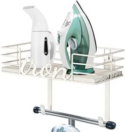 TJ.MOREE Ironing Board Hanger Wall Mount - Laundry Room Iron And Ironing Board Holder, Metal Wall Mount With Large Storage Wooden Base Basket And Removable Hooks (White) -Household Cleaning Supply Store 41Dy0A1I96L. AC
