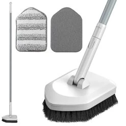 Shower Scrubber Brush With Long Handle Set 50" 3 Types Of Scrub Brushes Heads For Bathroom Tub (White)