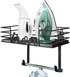 TJ.MOREE Ironing Board Hanger Wall Mount - Laundry Room Iron And Ironing Board Holder, Metal Wall Mount With Large Storage Wooden Base Basket And Removable Hooks (White) -Household Cleaning Supply Store 41L6f1ighjL. AC