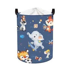 Clastyle 45L Funny Play Animals Laundry Hamper Skateboard Elephant Blue Laundry Basket With Drawstring Round Toy Clothes Storage Basket For Kids Room, 14.2x17.7 In