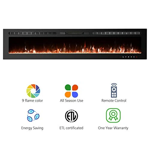 GMHome 80 Inches Wall Recessed Electric Fireplace Wall Mounted In-Wall Built Heater, Log Sets & Crystals, 9 Changeable Colors, With Remote, 1500W Fireplace, Black 6 GMHome 80 Inches Wall Recessed Electric Fireplace Wall Mounted In-Wall Built Heater, Log Sets & Crystals, 9 Changeable Colors, With Remote, 1500W Fireplace, Black - Image 4