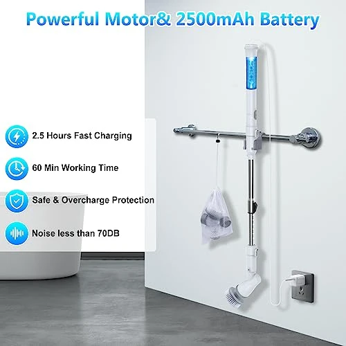 Electric Spin Scrubber, Cordless Electric Mop Cleaning Brush With 2 Speeds & 4 Replacement Brush Head, Shower Scrubber With Adjustable Extension Arm, Shower Cleaning Brush For Bathtub Tile Grout Floor 7 Electric Spin Scrubber, Cordless Electric Mop Cleaning Brush With 2 Speeds & 4 Replacement Brush Head, Shower Scrubber With Adjustable Extension Arm, Shower Cleaning Brush For Bathtub Tile Grout Floor - Image 5