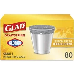 Glad Small Drawstring Trash Bag With Clorox, 4 Gal Lemon Fresh Bleach Scent 80 Ct (Package May Vary)