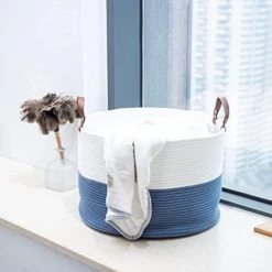 Hombins Large Blanket Basket Natural Cotton Rope Storage Basket, 20"X20''X13'' Woven Laundry Basket With Handles Baskets For Storing Clothing, Diapers, Toys, Blue&White -Household Cleaning Supply Store 41c34sCmuAL