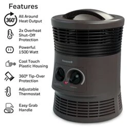 Honeywell HHF360V 360 Degree Surround Fan Forced Heater With Surround Heat Output Charcoal Grey Energy Efficient Portable Heater With Adjustable Thermostat & 2 Heat Settings