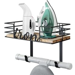 TJ.MOREE Hanger Wall Mount - Laundry Room Iron And Ironing Board Holder, Metal With Large Storage Wooden Base Basket And Removable Hooks (Black)