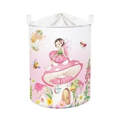 Clastyle 45L Fairies Mushroom Pink Laundry Basket Butterfly Elf Flowers Nursery Hamper With Drawstring Fairytale Princess Round Clothes Toy Storage Basket For Girls Bedroom