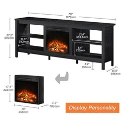 WAMPAT Fireplace TV Stand For 75 Inch TV, Entertainment Center With 4 Storage Shelf, Wood TV Console Table With Electric Fireplace, Television Stands For Living Room Bedroom, Black, 70 Inch -Household Cleaning Supply Store 41q3svq9IxL