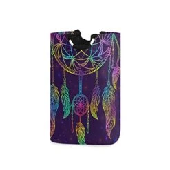 Colorful Dream Catcher With Ornament And Night Sky Stars Large Laundry Hamper Bag Collapsible With Handles Waterproof Durable Clothes Round Washing Bin Dirty Baskets Organization For Home Bathroom Dor