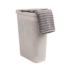 Mind Reader Basket Collection, Slim Laundry Hamper, 40 Liter (15kg/33lbs) Capacity, Cut Out Handles, Attached Hinged Lid, Ventilated, Ivory