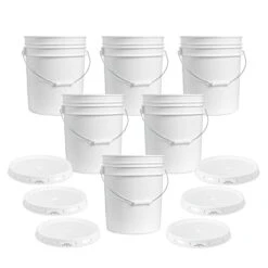 5 Gallon White Plastic Bucket With Lid - Durable 90 Mil All Purpose Pail - Food Grade - Contains No BPA Plastic - Recyclable - Made In USA - 6 Pack
