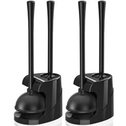 Toilet Plunger And Brush, Bowl Brush And Heavy Duty Toilet Plunger Set With Ventilated Holder, 2-in-1 Bathroom Cleaning Combo With Modern Caddy Stand (Black, 2 Set)
