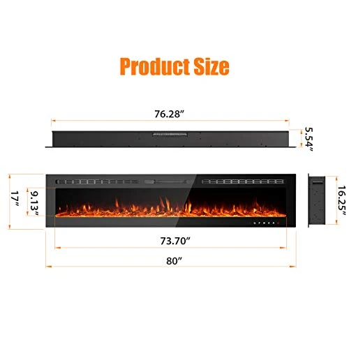 GMHome 80 Inches Wall Recessed Electric Fireplace Wall Mounted In-Wall Built Heater, Log Sets & Crystals, 9 Changeable Colors, With Remote, 1500W Fireplace, Black 7 GMHome 80 Inches Wall Recessed Electric Fireplace Wall Mounted In-Wall Built Heater, Log Sets & Crystals, 9 Changeable Colors, With Remote, 1500W Fireplace, Black - Image 5
