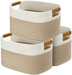 LOVSTORAGE Cotton Rope Basket For Storage, Set Of 3 Storage Baskets For Organizing With Handles Woven Laundry Basket In Living Laundry Room For Blankets Toys Throws Pillows Towels 15"x10"x5" White/Grey -Household Cleaning Supply Store 51 v873MLL. AC