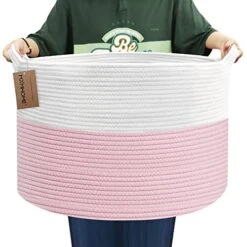 MXMHOME Large Woven Rope Basket With Handles Basket For Blankets For Living Room Large Baby Cat Dog Toy Storage Basket Wicker Woven Big Round Laundry Basket Hamper (23.6”x14.1”), XXXL, Pink