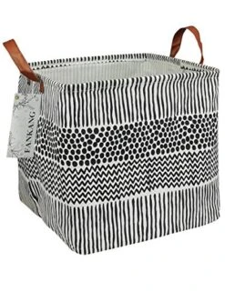 FANKANGSquare Nursery Hamper Storage Bins Canvas Laundry Basket Foldable With Waterproof PE Coating Large Storage Baskets Gift Baskets For Children, Office, Bedroom, Clothes,Toys (Square Black Lines)