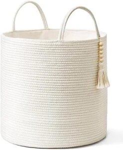 Mkono Woven Storage Basket Decorative Rope Basket Wooden Bead Decoration For Blankets,Toys,Clothes,Shoes,Plant Organizer Bin With Handles Living Room Home Decor, Jute, 16" W × 13.8"L -Household Cleaning Supply Store 514POwsYntL. AC