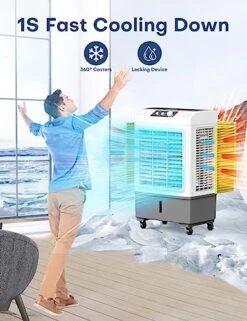 FANCOLE Evaporative Air Cooler, 2100 CFM Windowless Air Conditioner Portable For Room, 3 Speed Swamp Cooler, 4 Ice Packs, 8 Gallon Cooling Fan & 4 Scroll Casters, Evaporative Cooler For Garage Outdoor -Household Cleaning Supply Store 514l0s4lNPL