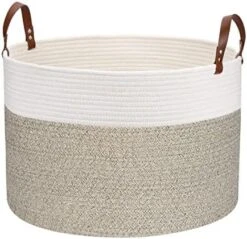 Hombins Large Blanket Basket Natural Cotton Rope Storage Basket, 20"X20''X13'' Woven Laundry Basket With Handles Baskets For Storing Clothing, Diapers, Toys, Blue&White -Household Cleaning Supply Store 5152q63ZMYL. AC