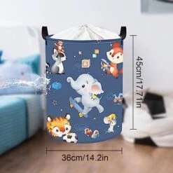 Clastyle 45L Funny Play Animals Laundry Hamper Skateboard Elephant Blue Laundry Basket With Drawstring Round Toy Clothes Storage Basket For Kids Room, 14.2x17.7 In -Household Cleaning Supply Store 517kcizHNlL