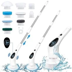 Electric Spin Scrubber, Cordless Shower Scrubber With 3 Speeds 430 RPM, 1.4H Bathroom Scrubber With Voice Broadcast, Cleaning Brush With 9 Replaceable Brushes & Extension Arm For Tub Grout Floor