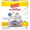 Glad ForceFlex MaxStrength With Clorox Tall Kitchen Drawstring Trash Bags, 13 Gallon Grey Trash Bags, Lemon Fresh Bleach Scent, 90 Count