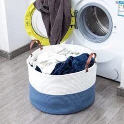 Hombins Large Blanket Basket Natural Cotton Rope Storage Basket, 20"X20''X13'' Woven Laundry Basket With Handles Baskets For Storing Clothing, Diapers, Toys, Blue&White -Household Cleaning Supply Store 51LiVPsig6L