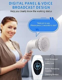 Electric Spin Scrubber, Cordless Shower Scrubber With 3 Speeds 430 RPM, 1.4H Bathroom Scrubber With Voice Broadcast, Cleaning Brush With 9 Replaceable Brushes & Extension Arm For Tub Grout Floor -Household Cleaning Supply Store 51Pn8N1pGFL