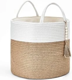Mkono Woven Storage Basket Decorative Rope Basket Wooden Bead Decoration For Blankets,Toys,Clothes,Shoes,Plant Organizer Bin With Handles Living Room Home Decor, Jute, 16" W × 13.8"L -Household Cleaning Supply Store 51QPq6q2TcS. AC