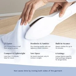 Nori Press, Iron & Steamer, Compact Dual Voltage Device, Removes Wrinkles, Portable And Hand-Held For Travel, Easy To Use With 6 Fabric Settings (White) -Household Cleaning Supply Store 51QcMKVnhKL