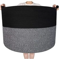 MINTWOOD Design XXXXLarge 22 X 16 Inches Decorative Cotton Rope Basket, Blanket Basket Living Room, Laundry Basket, Toy Storage Baskets Bin, Round Woven Basket For Pillows, Towels, Black Grey