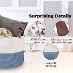 Hombins Large Blanket Basket Natural Cotton Rope Storage Basket, 20"X20''X13'' Woven Laundry Basket With Handles Baskets For Storing Clothing, Diapers, Toys, Blue&White -Household Cleaning Supply Store 51Yme4u2OQL
