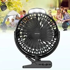 Camping Fan With Light 2023 Upgraded,10000mah Battery Operated Fan Rechargeable Fan,Quiet And Strong Wind Clip Fan For Bed, Outside Fan With Hook Usb Fan For Bedroom Outdoor Tents Desk Fan ( Black )