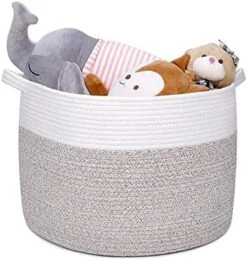 Hombins Large Blanket Basket Natural Cotton Rope Storage Basket, 20"X20''X13'' Woven Laundry Basket With Handles Baskets For Storing Clothing, Diapers, Toys, Blue&White -Household Cleaning Supply Store 51emUskbKQL. AC