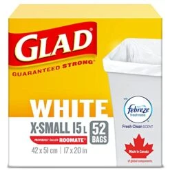 Glad White Garbage Bags - X-Small 15 Litres - Febreze Fresh Clean Scent, 52 Trash Bags