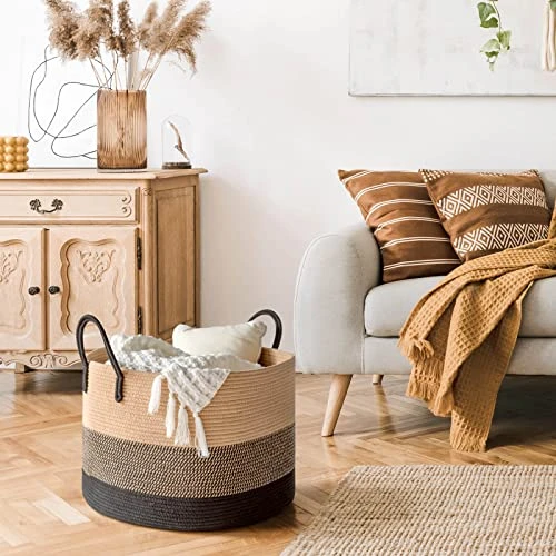 INDRESSME XXXLarge Woven Rope Basket 21" X 14" Blanket Storage Basket With Long Handles Decorative Clothes Hamper Basket Extra Large Baskets For Blankets Pillows 4 INDRESSME XXXLarge Woven Rope Basket 21" X 14" Blanket Storage Basket With Long Handles Decorative Clothes Hamper Basket Extra Large Baskets For Blankets Pillows - Image 2