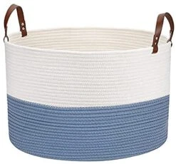 Hombins Large Blanket Basket Natural Cotton Rope Storage Basket, 20"X20''X13'' Woven Laundry Basket With Handles Baskets For Storing Clothing, Diapers, Toys, Blue&White